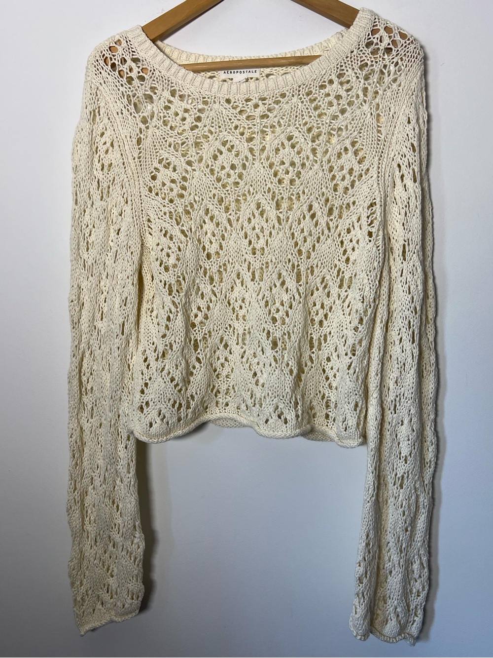 Aeropostale Cream Openwork Crochet Pullover Knit Sweater Boho Beachy Festival - Picture 2 of 14